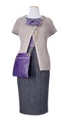 Sweater with gray pencil skirt and purple bag on white background