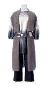 Gray tunic with pants and cardigan long belt o white background