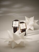 Two leather strap wrist watches on white background