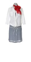 White blouse with striped t-shirt dress and scarf on white background