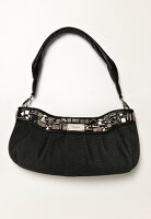 Close-up of black handbag with glitter rivets