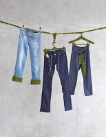 Öko-Denim: Verschiedene Jeanshosen, Leine mit Moos verziert