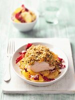 Cod fillet with herb crust in bowl