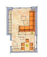 Wohnzimmer, Platzierung des Sofas, Raumaufteilung, Illustration