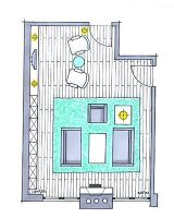 Wohnzimmer, Platzierung des Sofas in der Mitte, Raumaufteilung, Zeichnung