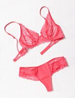 Spitzen-Dessous: BH und String in Pink, transparent, close-up