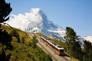 Gornergrat train in front of Matterhorn mountain in Zermatt, Valais, Switzerland