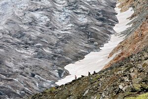 Hikers in Aletsch Glacier, Marjelesee, Valais, Switzerland