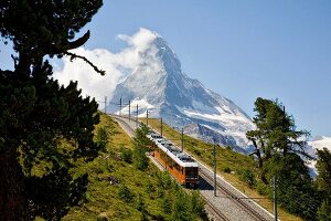 Gornergrat train in front of Matterhorn mountain in Zermatt, Valais, Switzerland