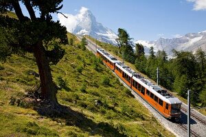 Gornergrat train in front of Matterhorn mountain in Zermatt, Valais, Switzerland