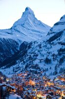 View of Zermatt town at dusk in Valais, Switzerland