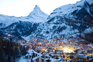 View of Zermatt town at dusk in Valais, Switzerland