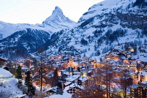 View of Zermatt town at dusk in Valais, Switzerland