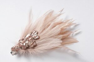 Close-up of beige feather hair clip on white background