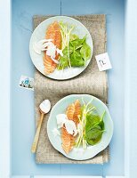 Marinated salmon with halloumi and a mint dressing