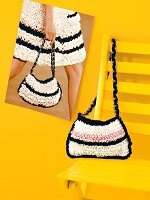 Handtasche schwarz-weiss, Chanel- Stil, Hintergrund gelb