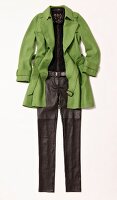 Green virgin wool jacket and black tight leather pants on white background