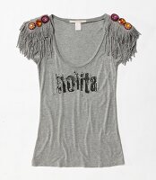 Grey top with brooches pads and fringes on white background