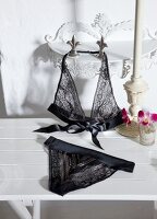 Black transparent lace bra and panties