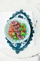 Watermelon relish with peppered tuna