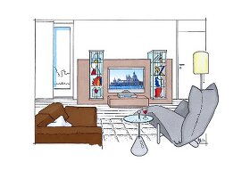 Wohnzimmer, Raumgestaltung, Paneel als TV-Moebel vor Wand, Illustration