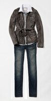 Leather jacket pinstripe blouse with blue jeans on white background