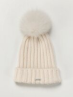 Wool hat with fur bobble on white background