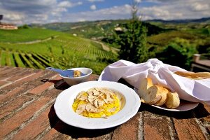 Tajarin and white alba truffle on plates at Piedmont, Italy
