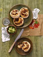 Tomato and ricotta taler on plates, overhead view