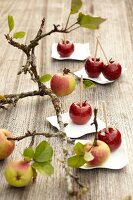 Chocolate apple with almond cream, chocolate dough and fruit glaze on wooden surface