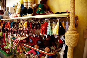 Toys made from wool at Mascherie in Stuttgart West, Stuttgart, Baden-Wurttemberg, Germany