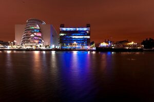 View of illuminated Samuel Becket Bridge at night, Dublin, Ireland, UK