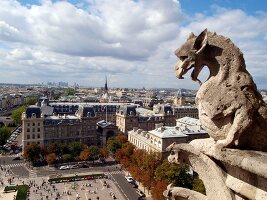 Mythical creatures of Notre-Dame against cityscape of Paris, France