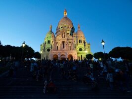 View of the Sacre Coeur at dusk in Paris, France
