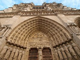 Low angle view of facade of Notre Dame cathedral in Paris, France