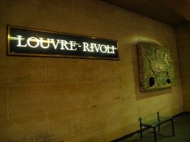 Signboard of Louvre-Rivoli metro station in Paris, France