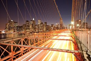 View of Brooklyn bridge at night, New York, USA