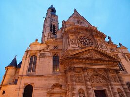 Facade of Pantheon at dusk in Paris, France