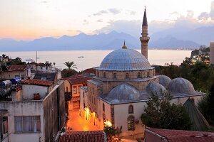 View of illuminated Tekeli Mehmet Pasa Mosque in Antalya, Turkey