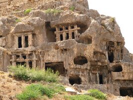 Low angle view of Rock tombs of Myra, Demre, Turkey