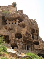 Low angle view of Rock tombs of Myra, Demre, Turkey