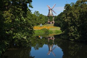 View of windmill in Wallanlagen park, Bremen, Germany