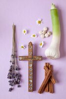 Monastery Medicine - Wooden Cross, garlic lavender, chamomile flowers, and cinnamon sticks