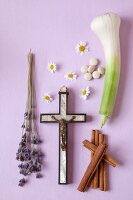 Monastery Medicine - Wooden Cross, garlic lavender, chamomile flowers, and cinnamon sticks