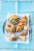 Various breakfast sandwiches with healthy fillings