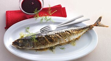 Whole mackerel grilled on plate with berry sauce in bowl