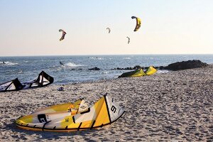 View of people kite surfing in sea, Fehmarn, Schleswig-Holstein, Germany