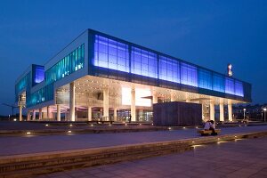 View of illuminated Museum Contemporary Art in Zagreb, Croatia 