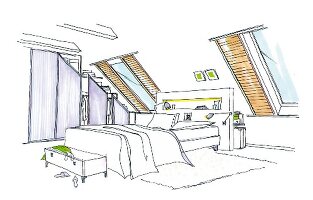 Zeichnung Schlafzimmer Dachgeschoss, Bett, Kleiderschrank