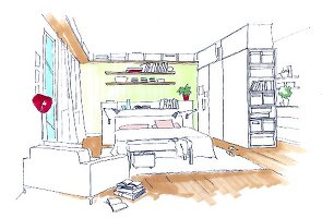 Zeichnung Schlafzimmer, Bett, Betthaupt, Sessel, Kleiderschrank